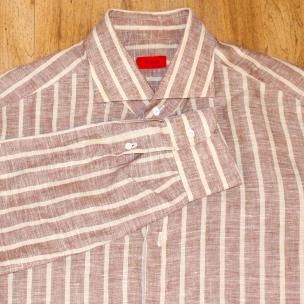 Isaia Button Up Shirt Mens 42 Brown White Striped Excellent Linen Made in Italy
